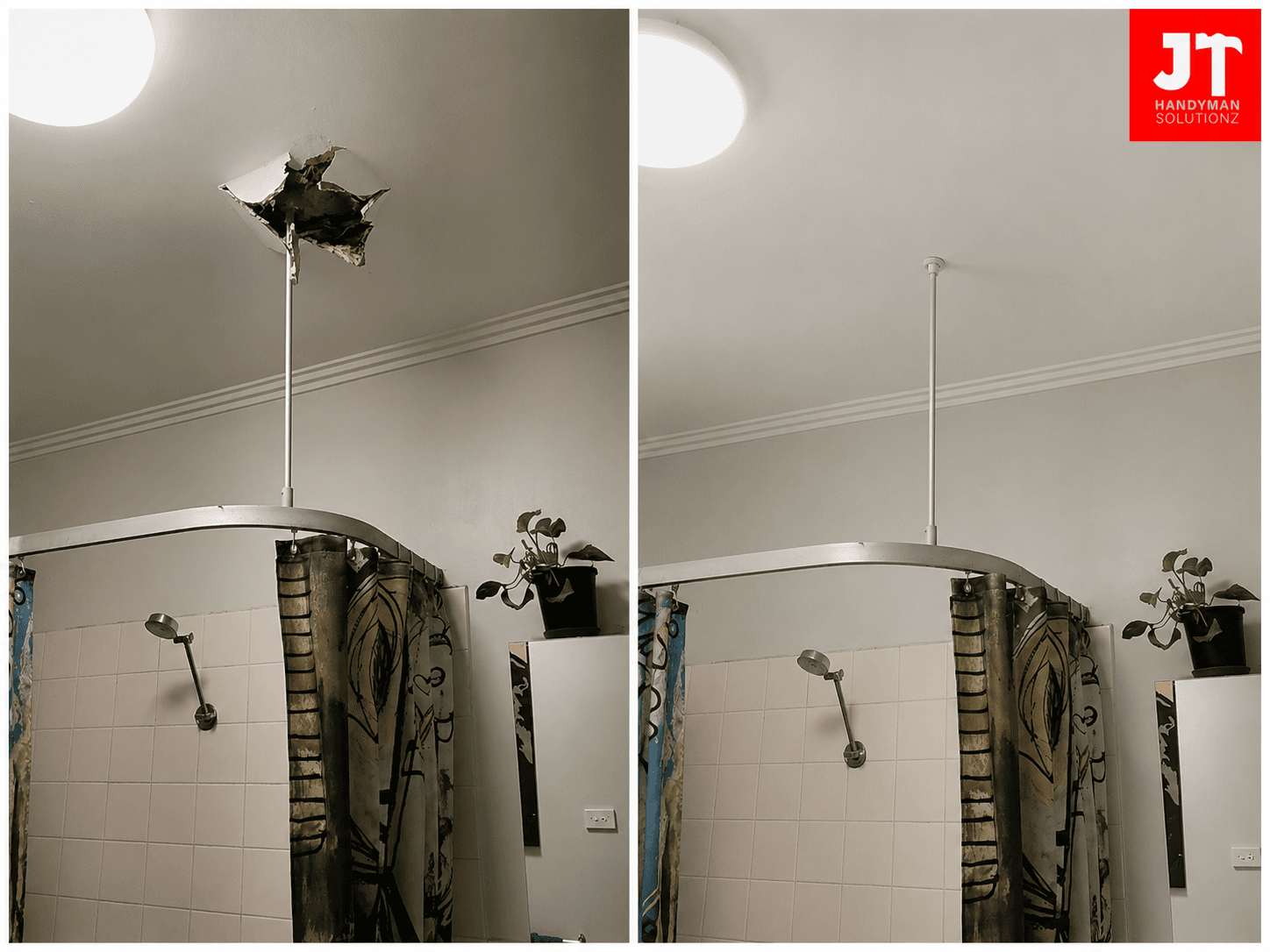 Before and after water-damaged ceiling plaster repair caused by a roof leak